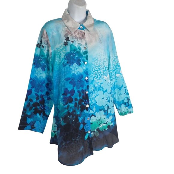 Soft Surroundings Blue Watercolor Floral Print Silk Blouse Size L‎ Career - Picture 2 of 6
